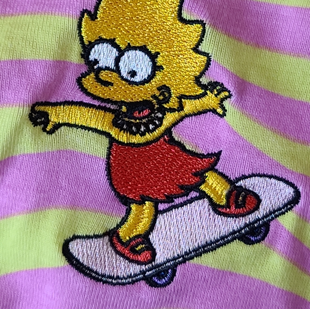 NWT Lisa Simpson Yellow/Pink Striped Embroidered SS Top Size XS